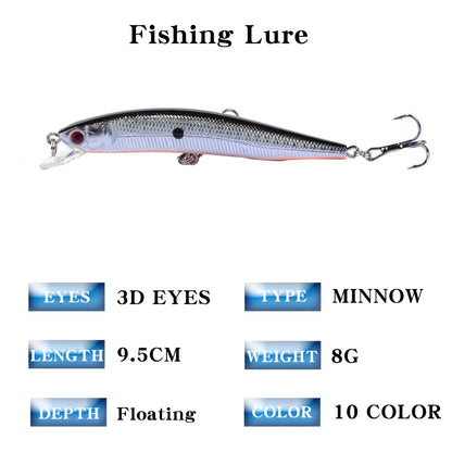 1PCS Minnow Fishing Lure 95mm 8g Floating Hard Bait Wobbler Jig Bait Crankbait Carp Striped Bass Pesca Fishing Tackle SwimBait
