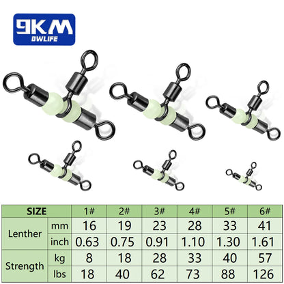 10Pcs 3 Way Fishing Swivels with Luminous Beads T Shape Cross Line Rolling Swivels for Catfish Surf Rig Saltwater Freshwater