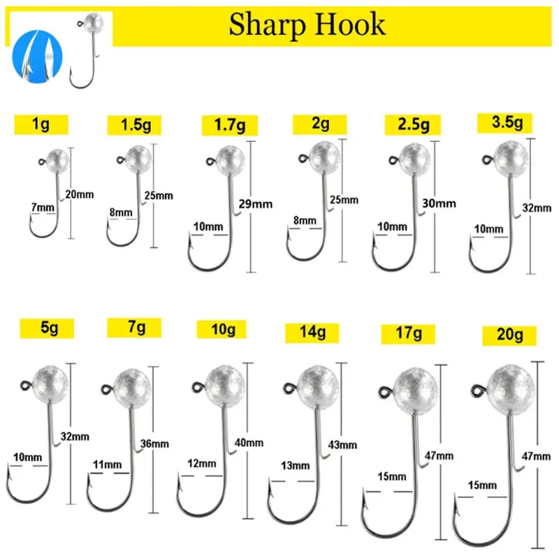 1g 2g 3g 4g -20g all size fishing jig head hook for worm soft lure bait ,round head crank jigging fishing hooks