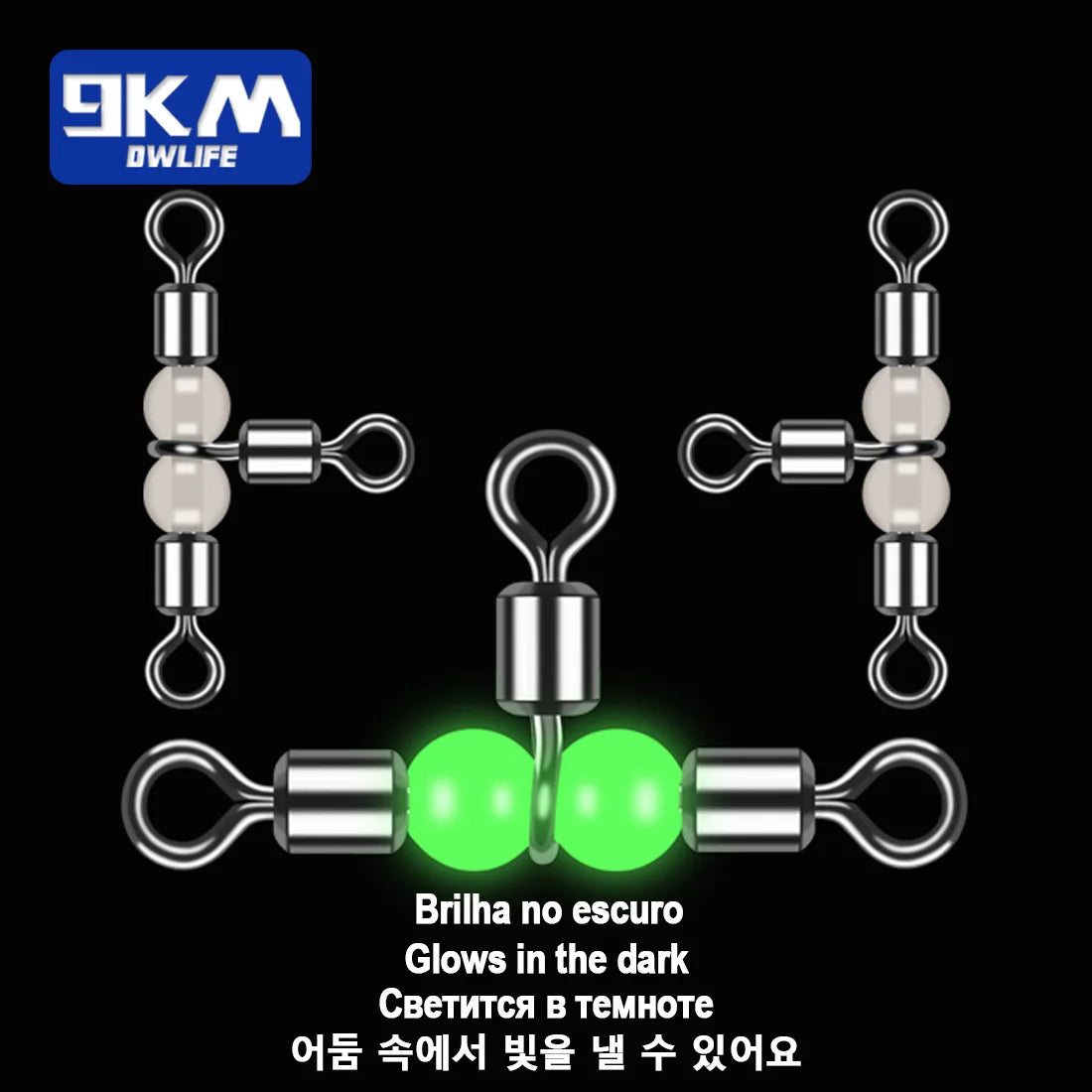 10Pcs 3 Way Fishing Swivels with Luminous Beads T Shape Cross Line Rolling Swivels for Catfish Surf Rig Saltwater Freshwater