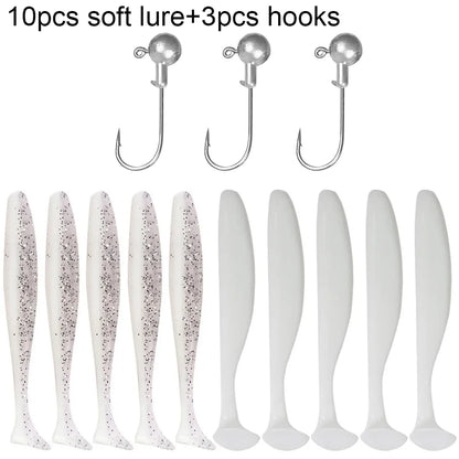 10PCS Soft Lure 5.5cm 7cm 10cm T Tail Worm 3PCS Jigging Head Hook 3g 5g 10g Metal Jig Carp Fishing Pesca Swimbait Gear Kit Bait
