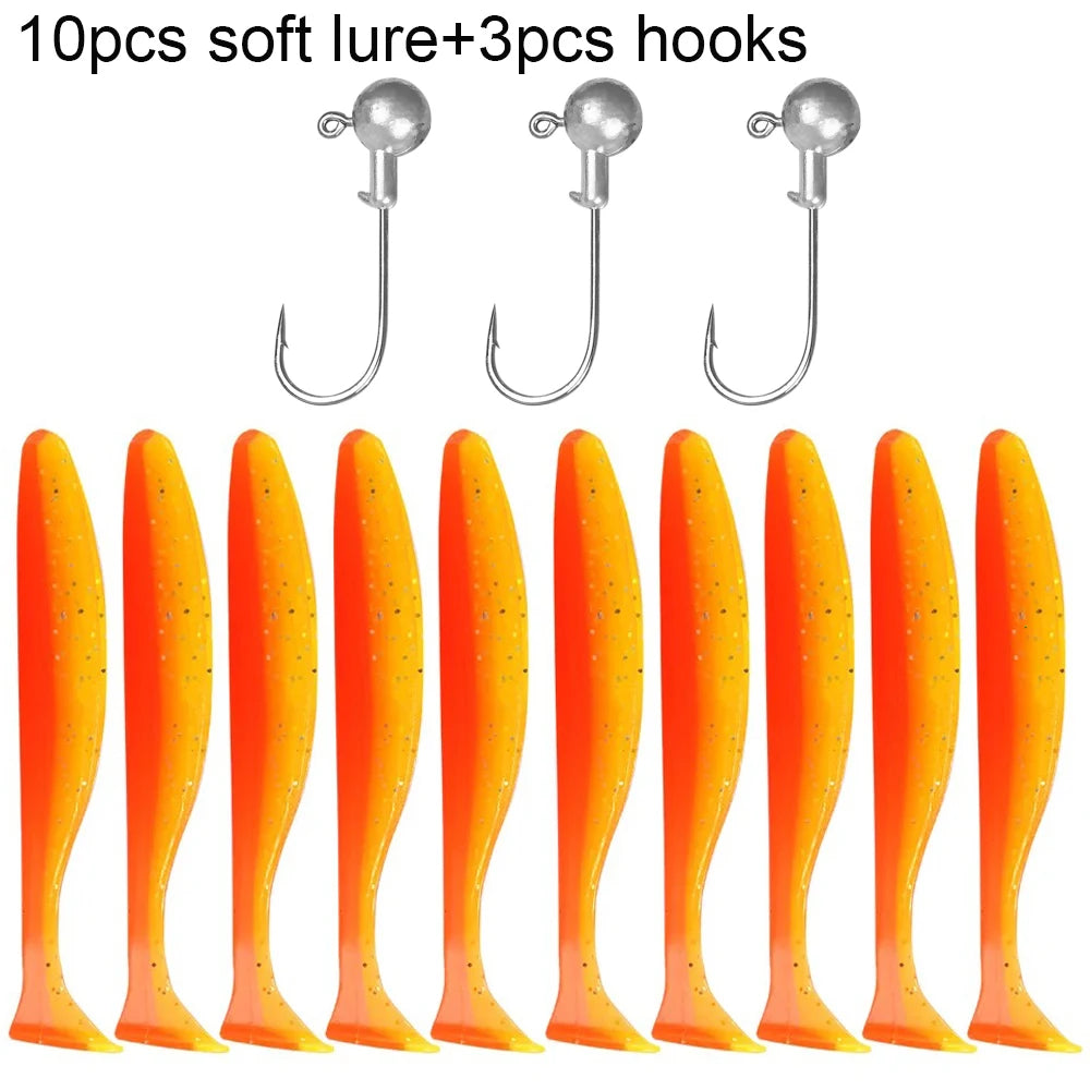10PCS Soft Lure 5.5cm 7cm 10cm T Tail Worm 3PCS Jigging Head Hook 3g 5g 10g Metal Jig Carp Fishing Pesca Swimbait Gear Kit Bait